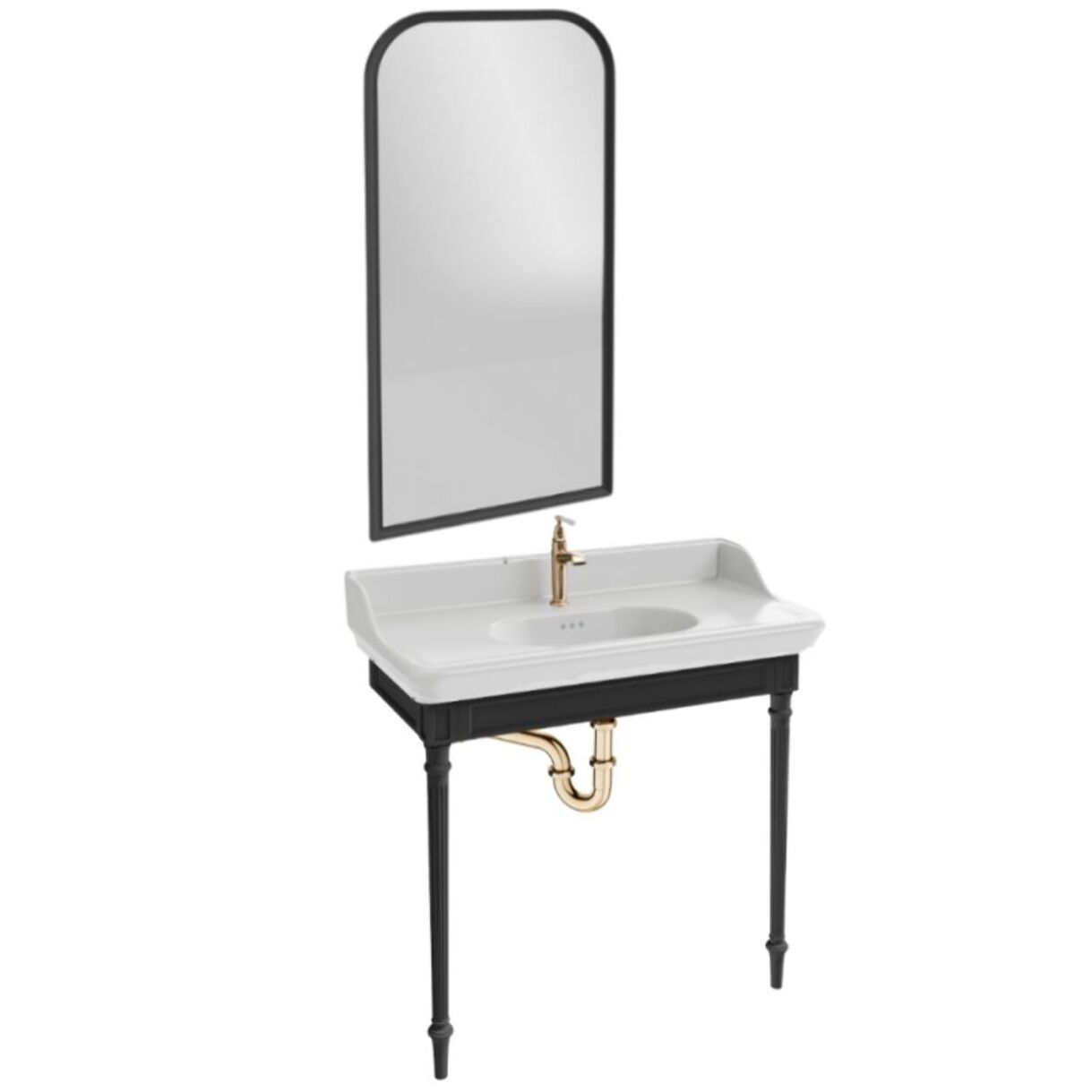 Console Cléo 1889 avec plan vasque + miroir + robinet lavabo or + siphon or