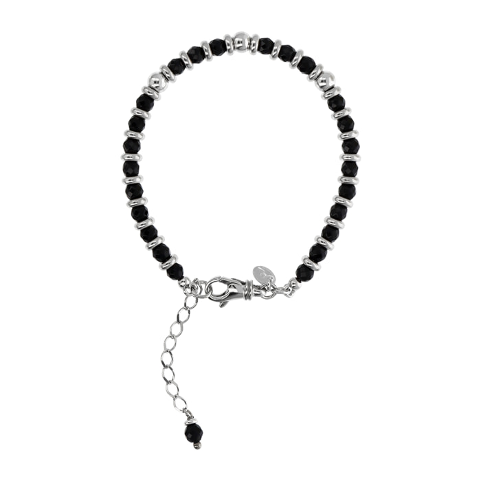 Bracciale con Rondelle Argentate e Sfere in Pietra Naturale Onice Nero in Argento 925 placcato Oro bianco 18Kt