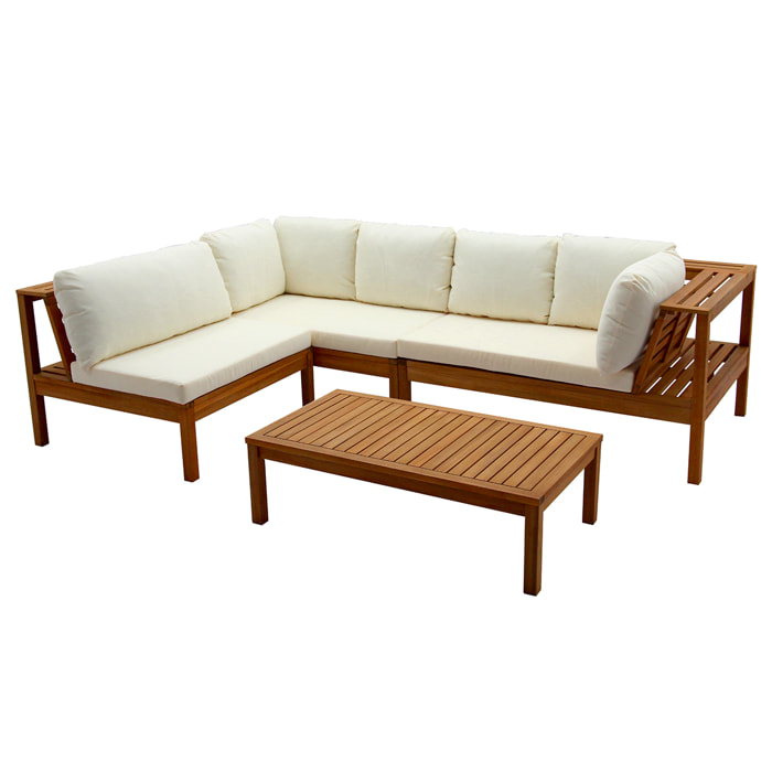 Salon de jardin d'angle 6 places en bois massif avec coussins déhoussables beige naturel BELIZE