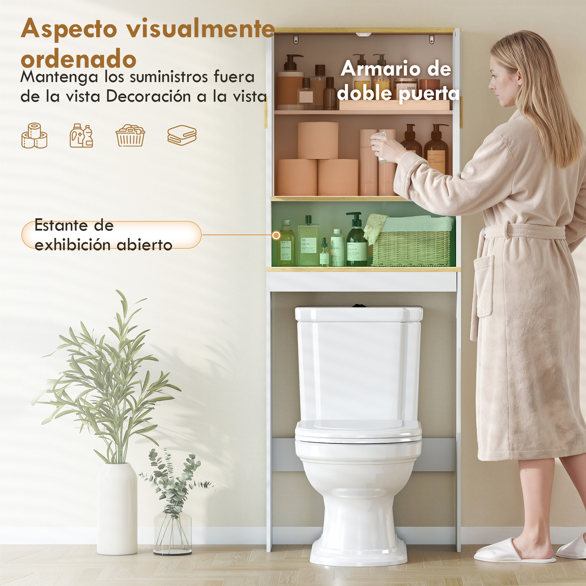 Estantería para Baño sobre Inodoro, Mueble Organizador de Baño de 3 Niveles con Estante Abierto, 2 Puertas y Estante Ajustable, 64x20x170,5 cm, Blanco