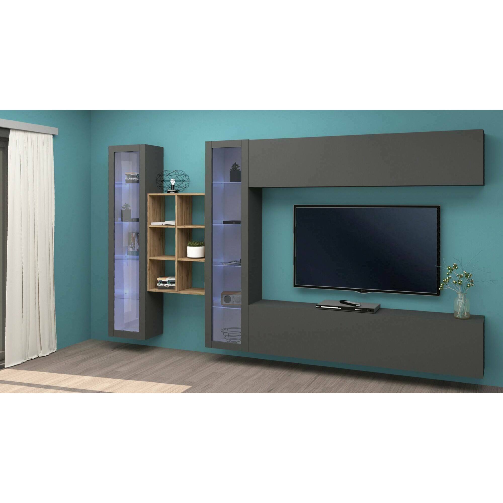 Parete attrezzata Demetrio, Set salotto porta TV a 4 ante, Mobile soggiorno multiuso, 100% Made in Italy, cm 280x30h180, Antracite e Acero