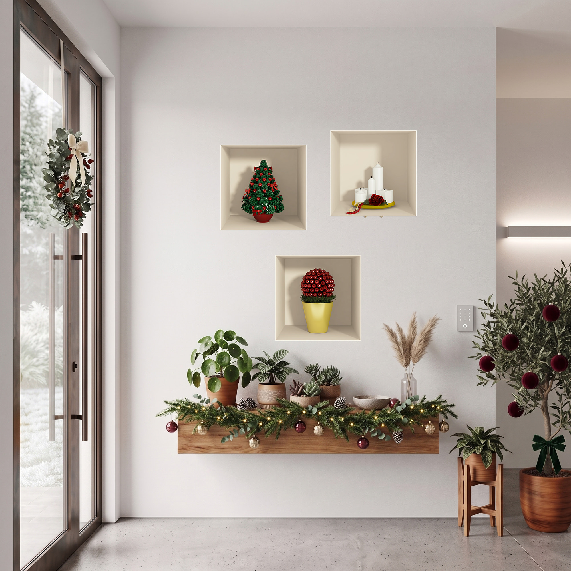 Stickers muraux 3D | Sticker Mural Autocollant effet 3D Noël sapin et bougies - Stickers adhésifs 3D Chambre Salon Trompe l'oeil