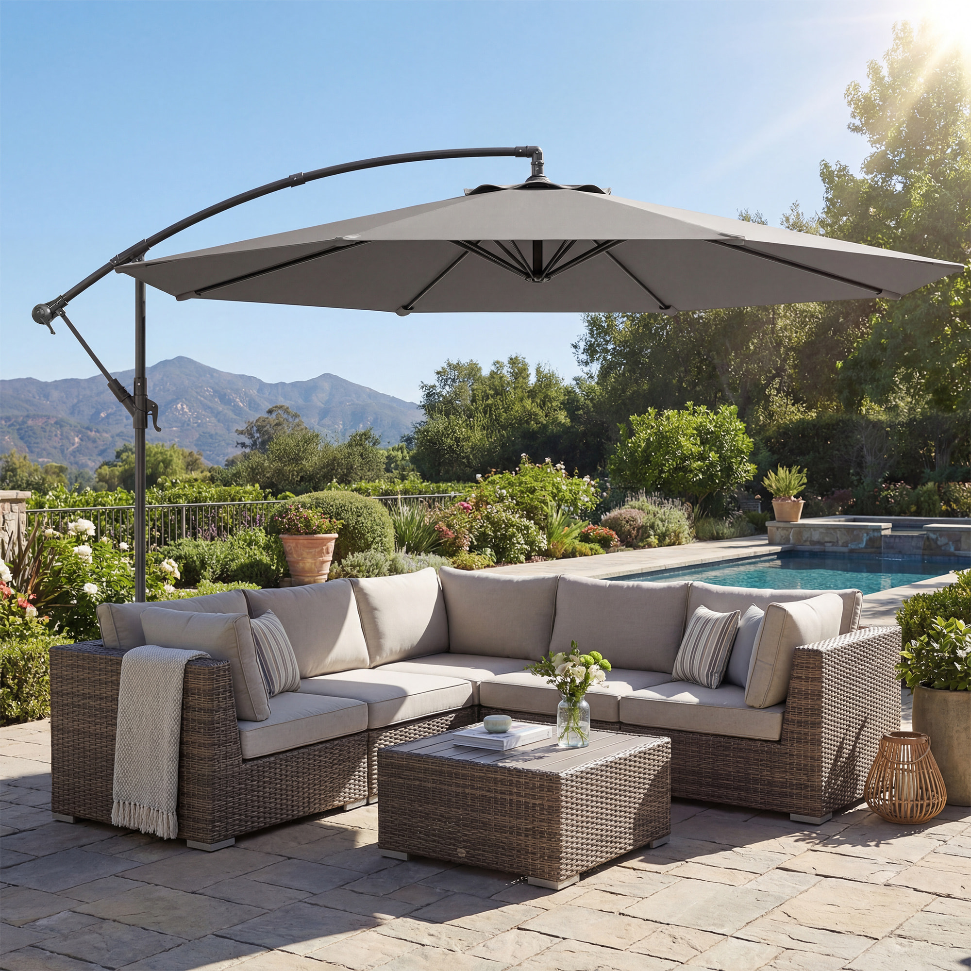 Parasol Excéntrico, Ø300 cm, Sombrilla de Jardín con Base Cruzada, Toldo Ajustable, Manivela, 8 Barras, UPF30+, para Terraza, Patio, Exterior, Gris