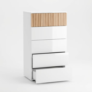Comò Settimino 5 Cassetti Settimanale Alto Salvaspazio Mobile Mobiletto Cassettiera Camera da Letto Ingresso 109 x 61 x 40 Cm Bianco E Rovere Listato