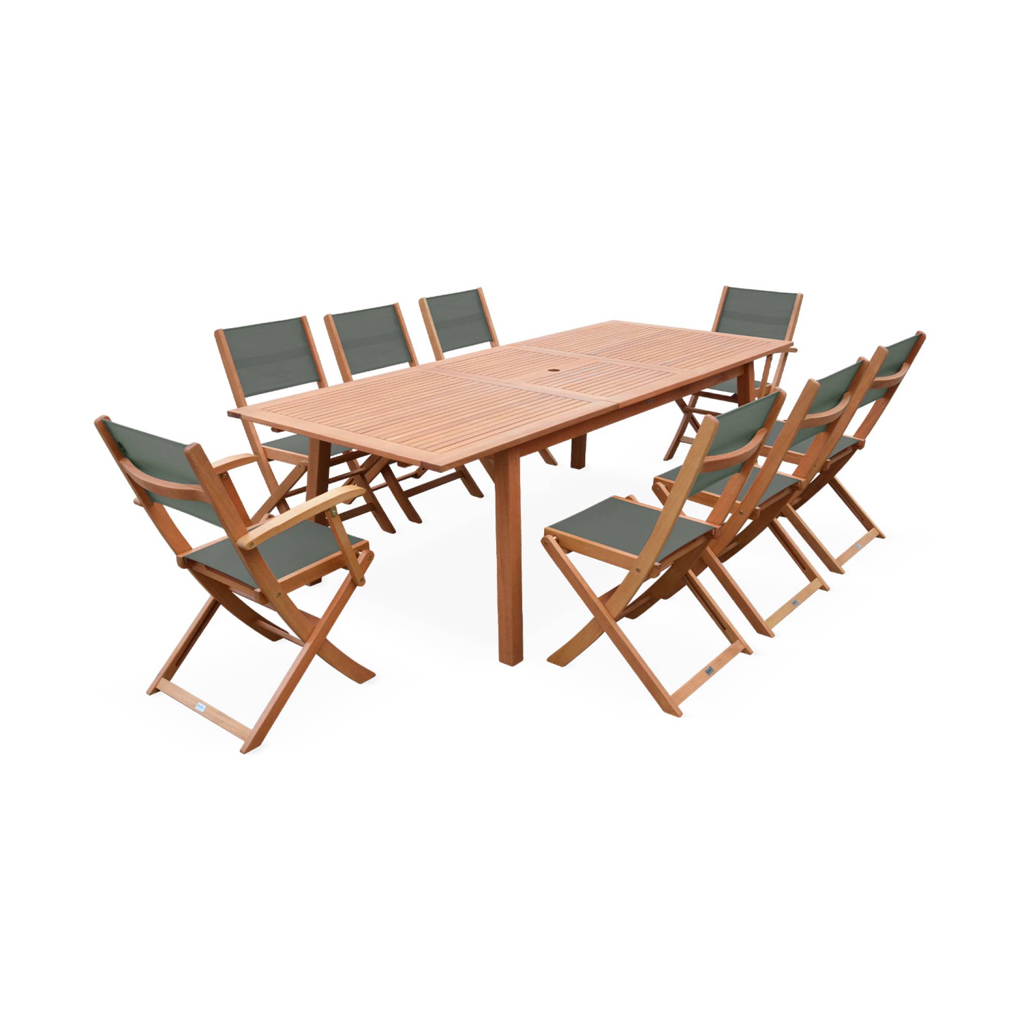 Table de jardin extensible bois d'eucalyptus + 8 assises en bois d'Eucalyptus huilé et textilène savane