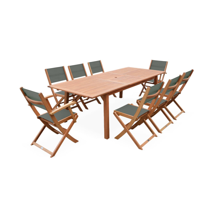 Table de jardin extensible bois d'eucalyptus + 8 assises en bois d'Eucalyptus huilé et textilène savane