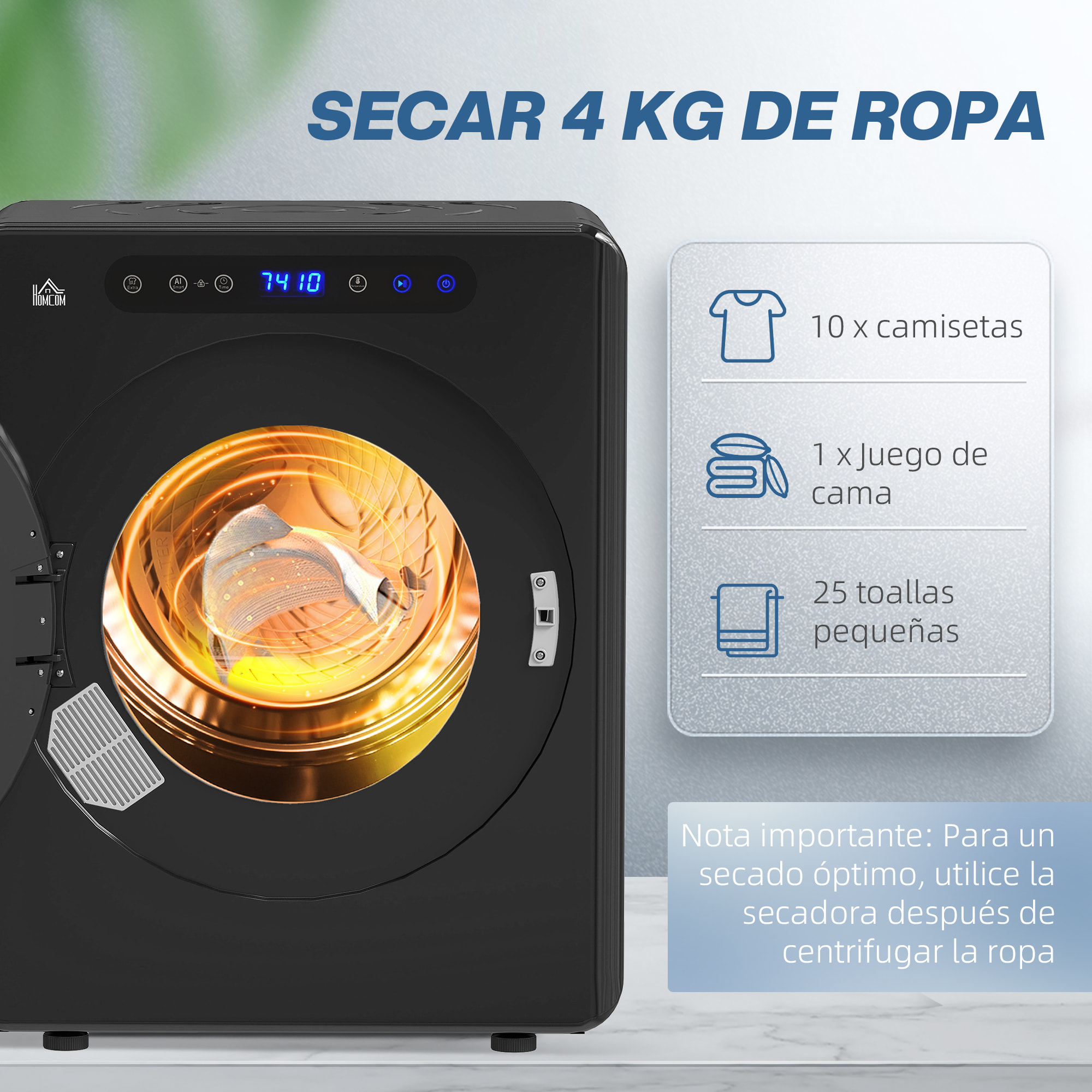 Secadora de Evacuación 5 KG Secadora de Ropa 1000W Función Antiarrugas Función Esterilizar Temporizador Pantalla LED Táctil Tambor Inox Negro
