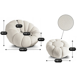 Fauteuil avec pouf style bubble en tissu bouclette "Élysée" - Crème