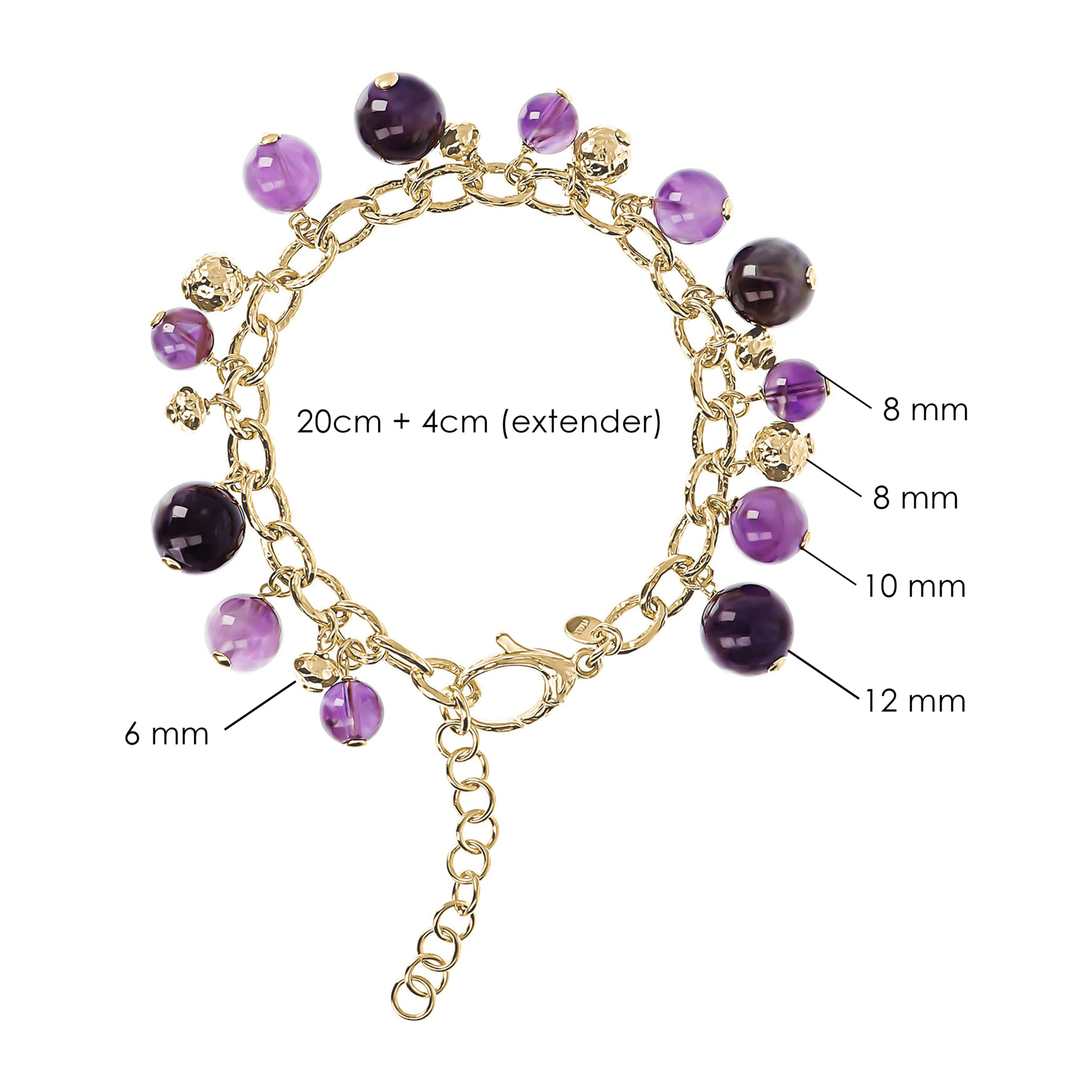 Bracciale in Argento 925 Placcato Oro Giallo 18kt con Ciondoli Sfere Martellate e in Pietra Naturale Ametista Viola