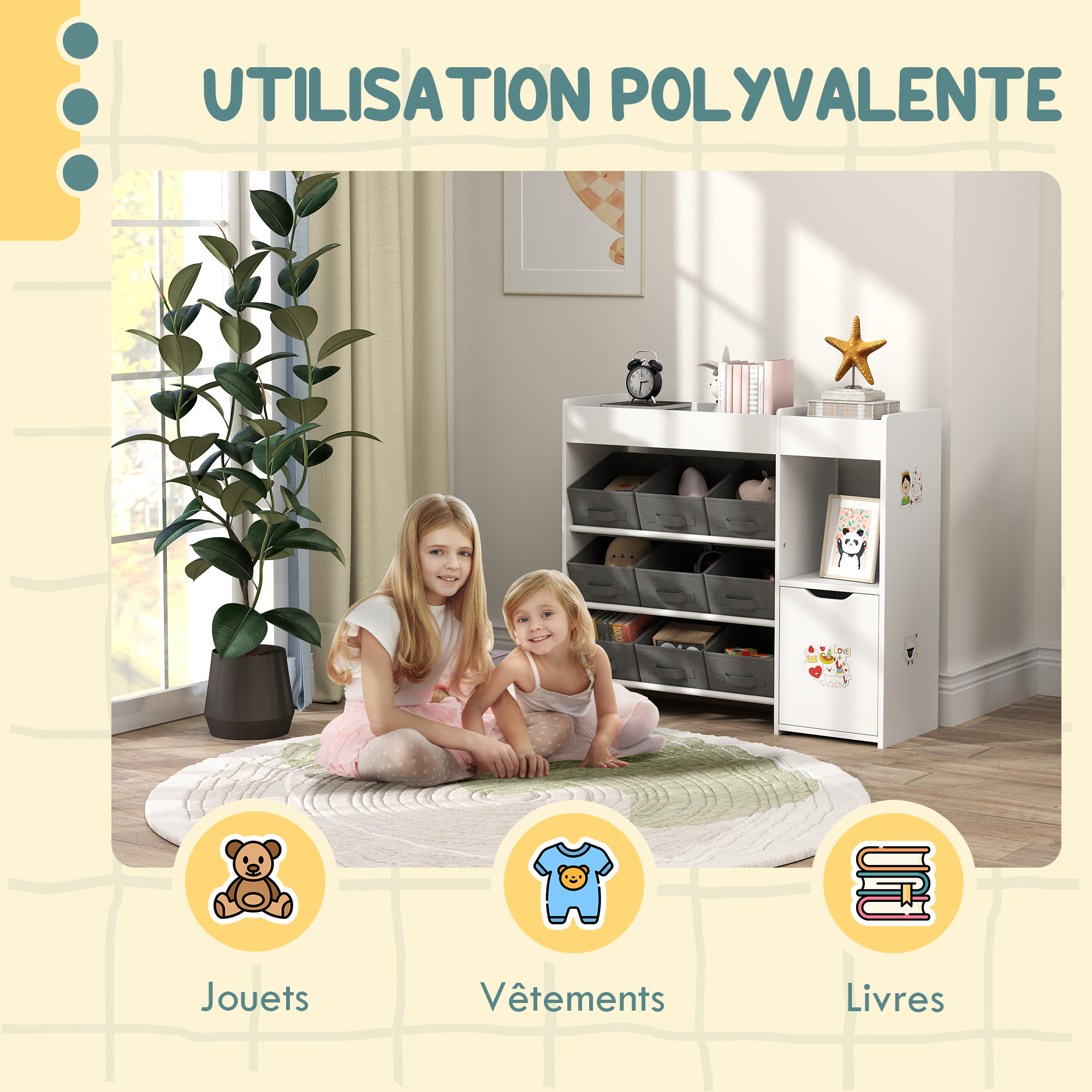 Etagère de rangement enfant pour jouets et livres - 9 boîtes amovibles tissu non-tissé gris - porte, niche, 2 compartiments