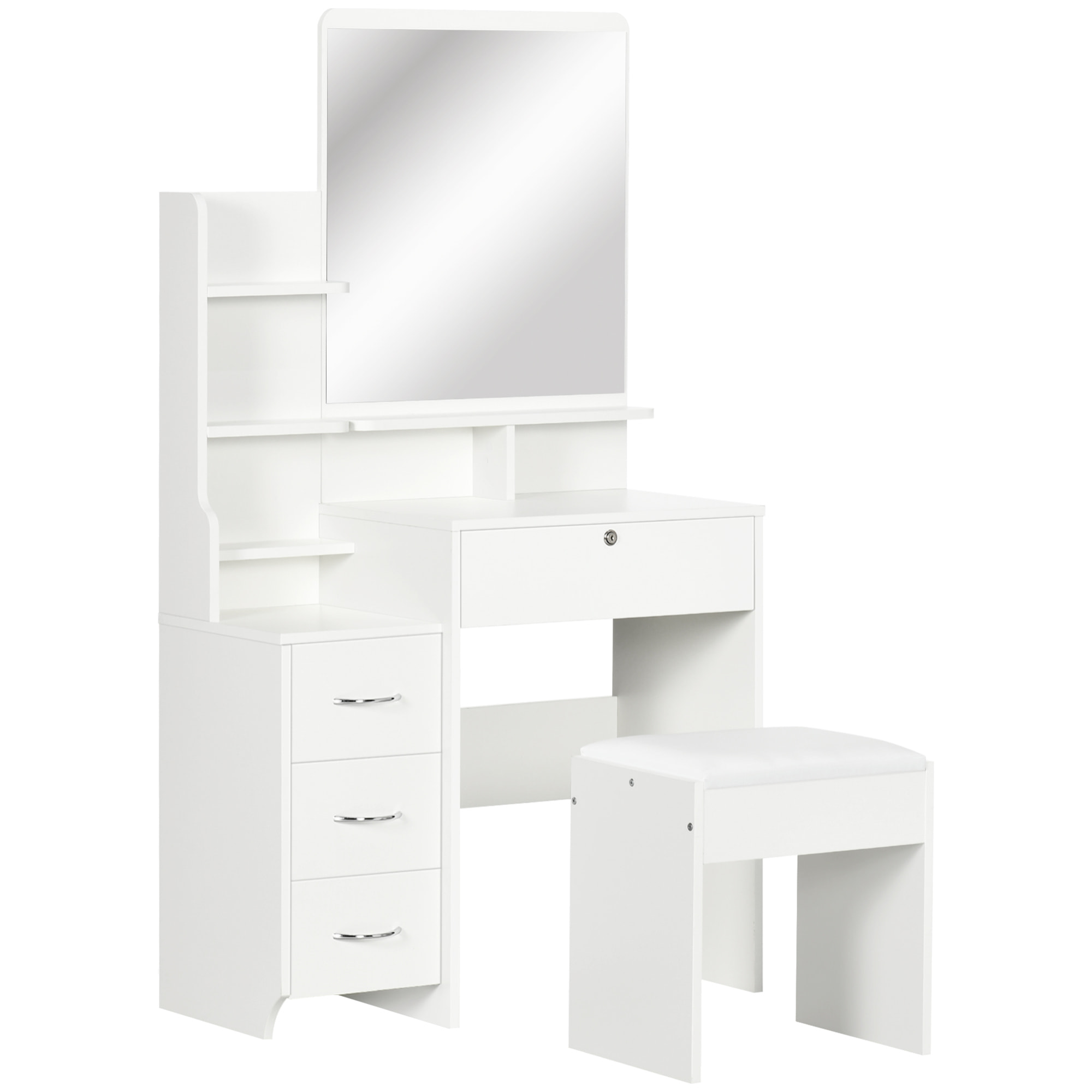 Ensemble coiffeuse tabouret design contemporain multi-rangement 4 tiroirs 4 étagères grand miroir blanc