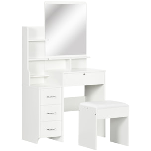 Ensemble coiffeuse tabouret design contemporain multi-rangement 4 tiroirs 4 étagères grand miroir blanc