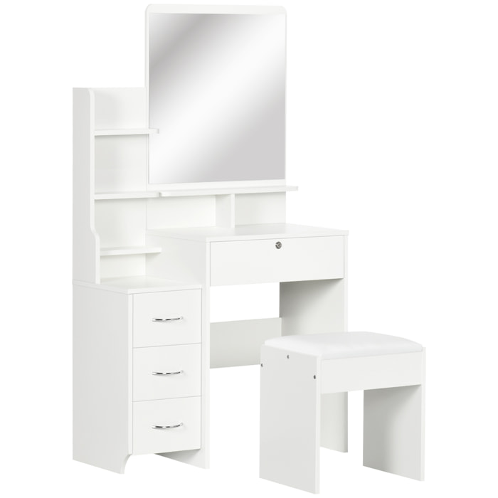 Ensemble coiffeuse tabouret design contemporain multi-rangement 4 tiroirs 4 étagères grand miroir blanc