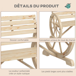 Banc de jardin 3 places accoudoirs Roues Charette en bois naturel