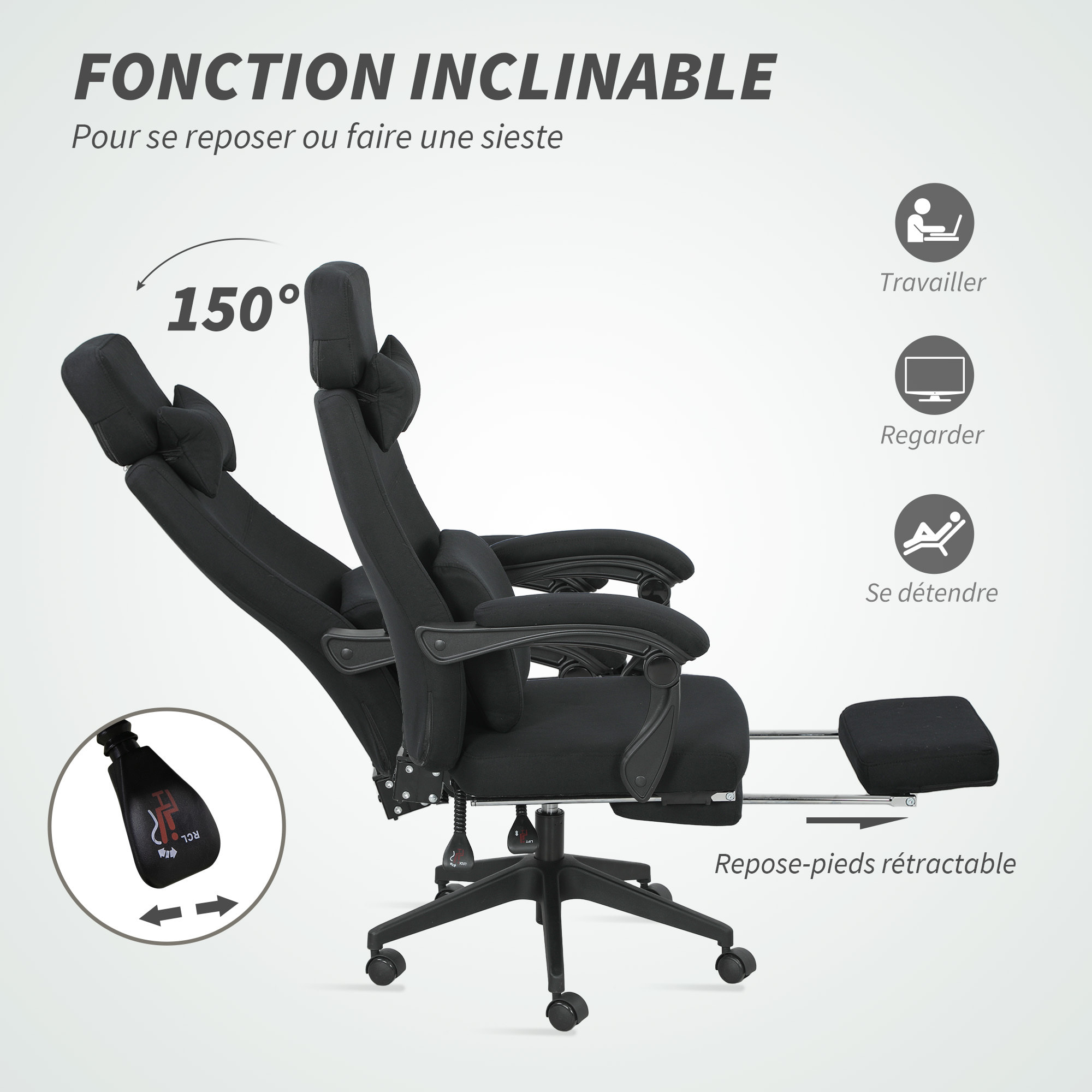 Fauteuil de bureau manager grand confort dossier réglable repose-pied coussin lombaire roulettes 360° lin 62L x 68P x 127H cm noir