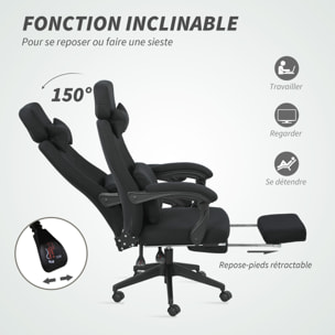 Fauteuil de bureau manager grand confort dossier réglable repose-pied coussin lombaire roulettes 360° lin 62L x 68P x 127H cm noir