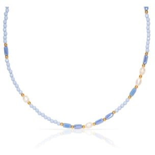 Collar de cristales azules y perlas naturales con cierre de mosquetón.
