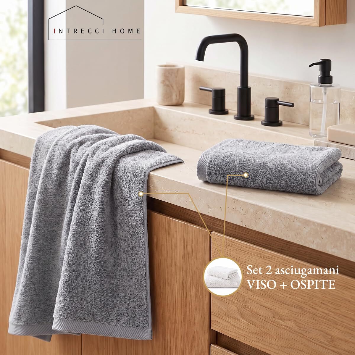 INTRECCI HOME Set Bagno Asciugamani Viso e Ospite, in Puro Cotone 500 g, Morbidezza Extra, Assorbenza Superiore