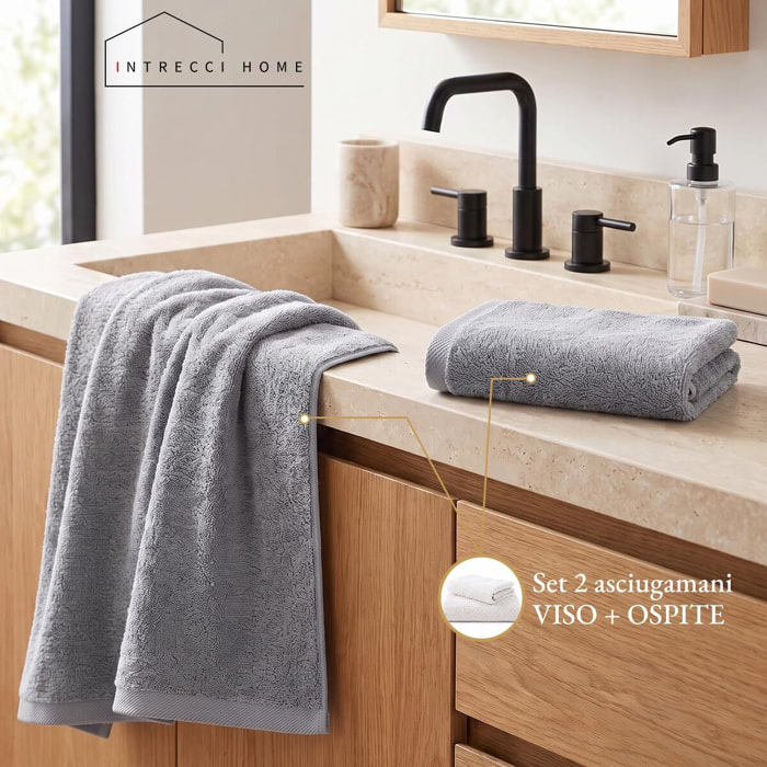 INTRECCI HOME Set Bagno Asciugamani Viso e Ospite, in Puro Cotone 500 g, Morbidezza Extra, Assorbenza Superiore