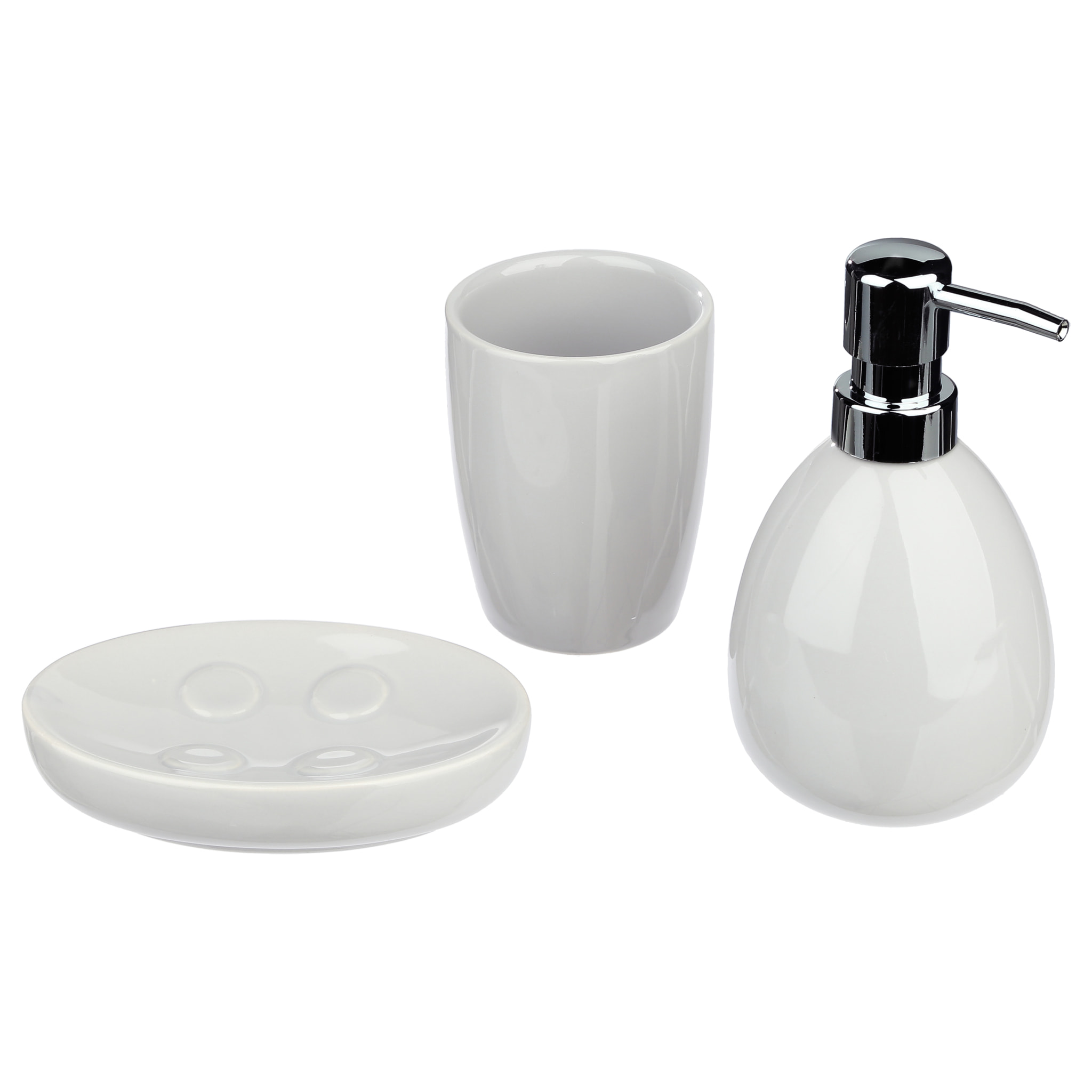Juego de baño 3 piezas sbd sol, blanco: dispensador jabon, vaso y jabonera