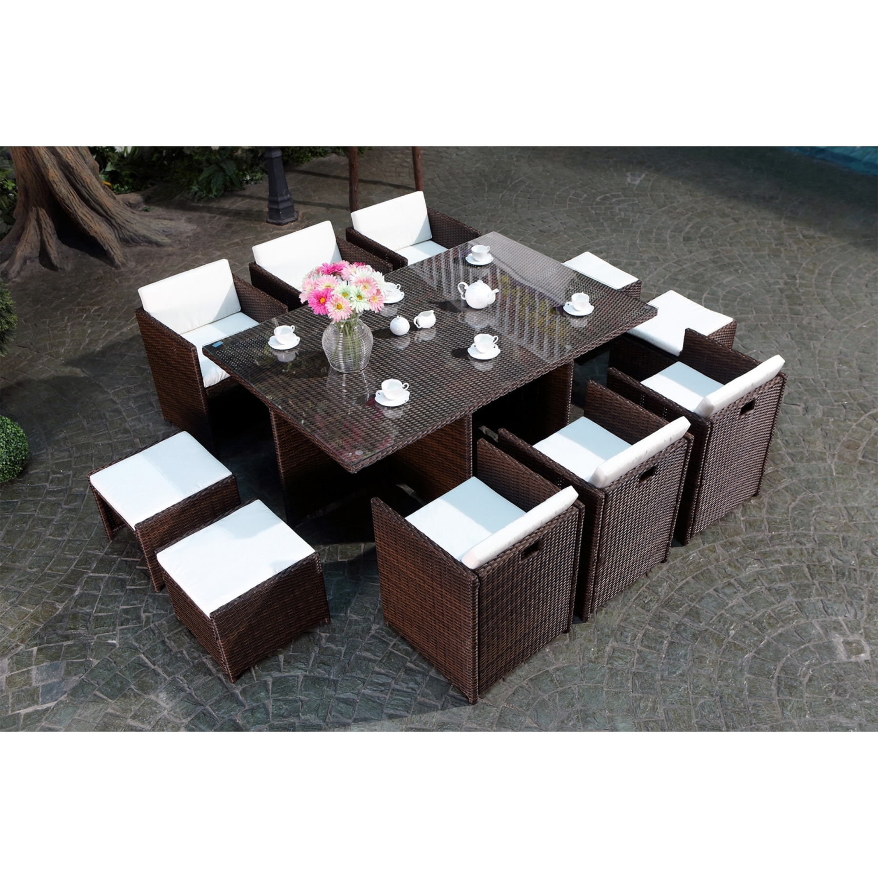 Salon de jardin 10 places marron/blanc + housse de protection REGINA