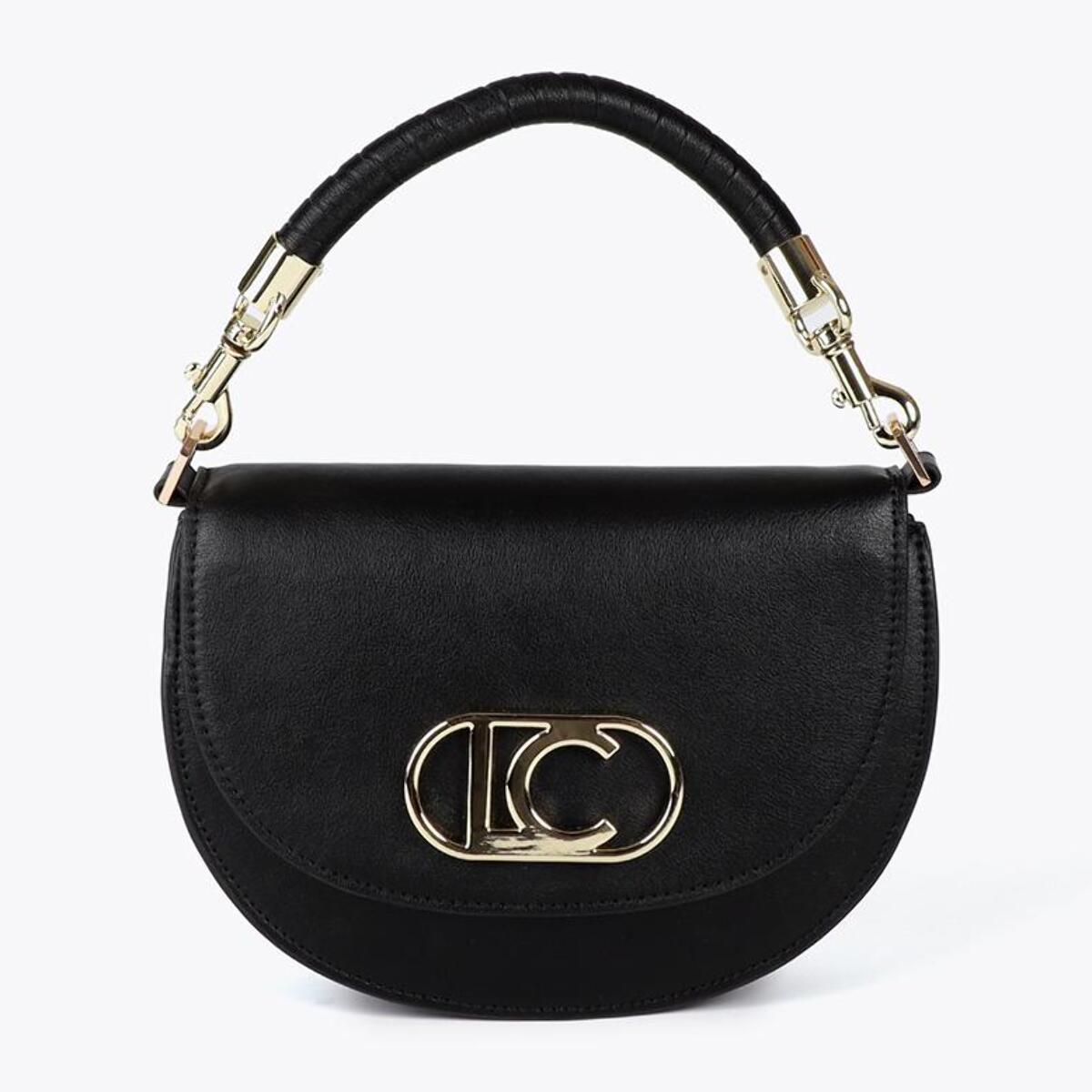 Tracolla a mezza luna con patta, manico intrecciato e dettagli metallici