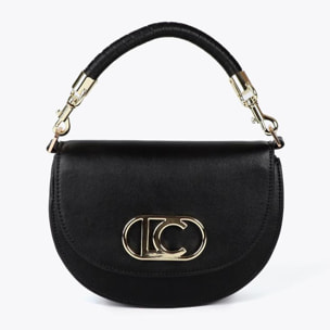 Tracolla a mezza luna con patta, manico intrecciato e dettagli metallici