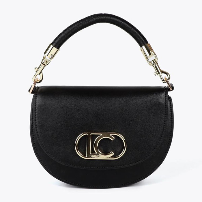 Tracolla a mezza luna con patta, manico intrecciato e dettagli metallici