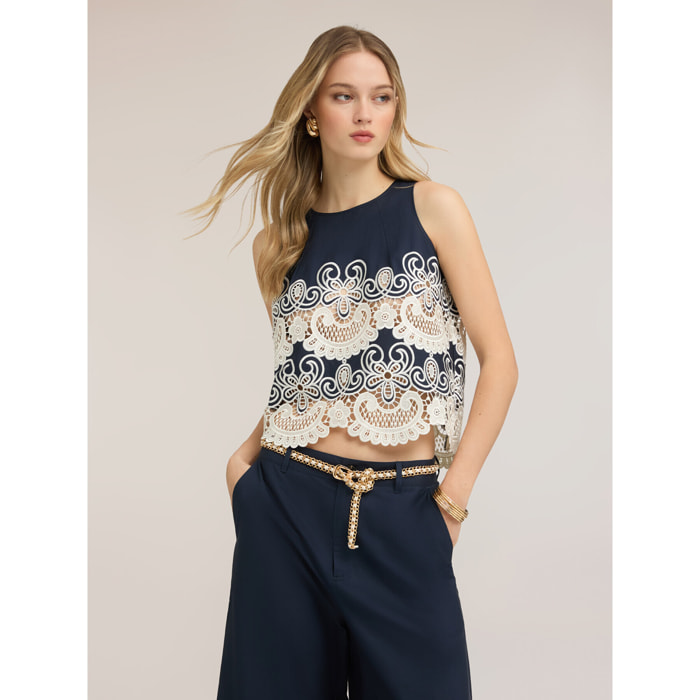 Motivi - Top in popeline con pizzo sangallo - Blu