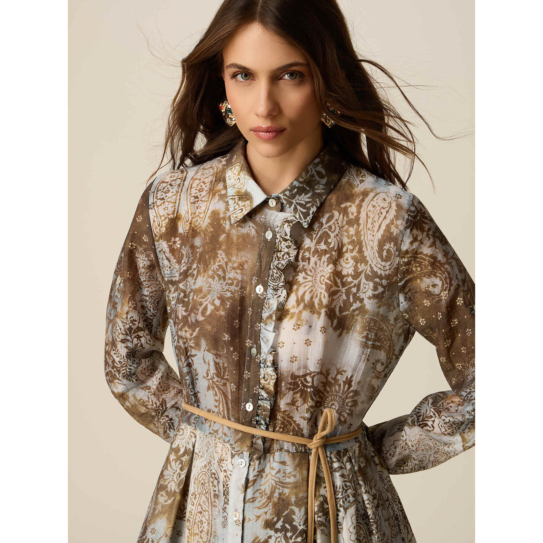 Oltre - Vestito chemisier lungo fantasia - Marrone