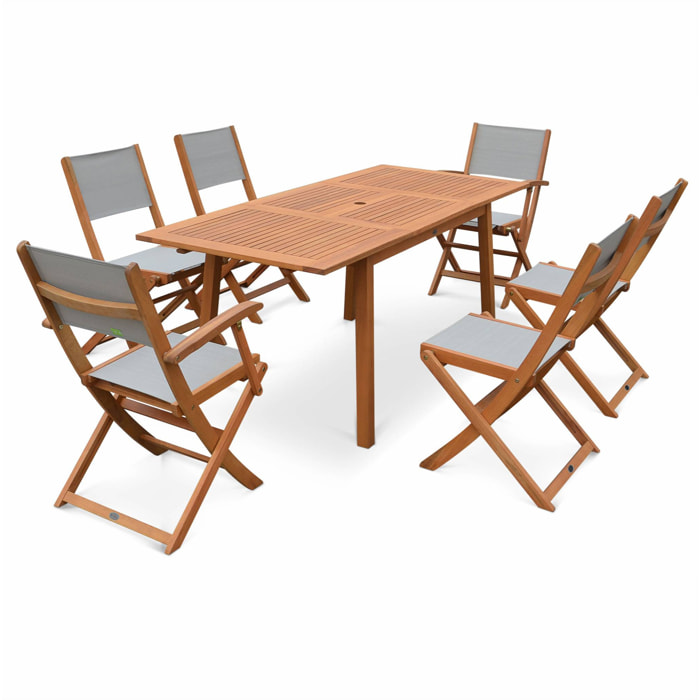 Table de jardin extensible bois d'eucalyptus + 6 assises - Almeria - Table 120/180cm avec rallonge. 2 fauteuils et 4 chaises. en bois d'Eucalyptus huilé et textilène gris taupe