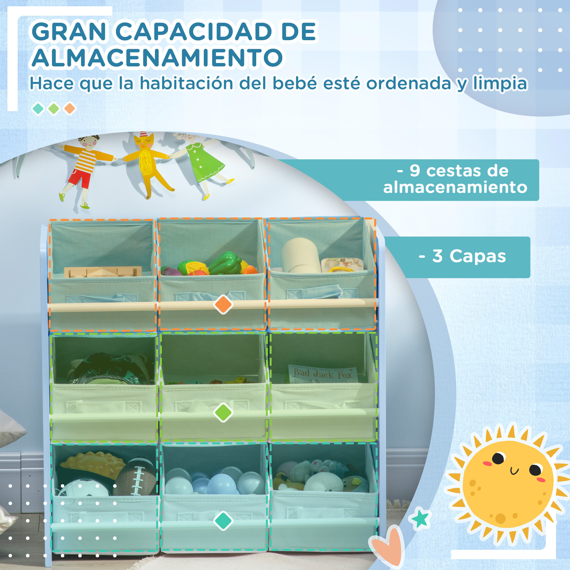 Estantería Infantil con 9 Cajas de Tela no Tejida Extraíbles Organizador de Juguetes para Dormitorio Guardería 63x30x60 cm Azul