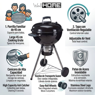 Barbacoa de Carbón con Tapa y Ruedas Ø54 cm - Parrilla Cromada de 45 cm y Rejilla para Carbón - Para Jardín con Patas de Acero Inoxidable