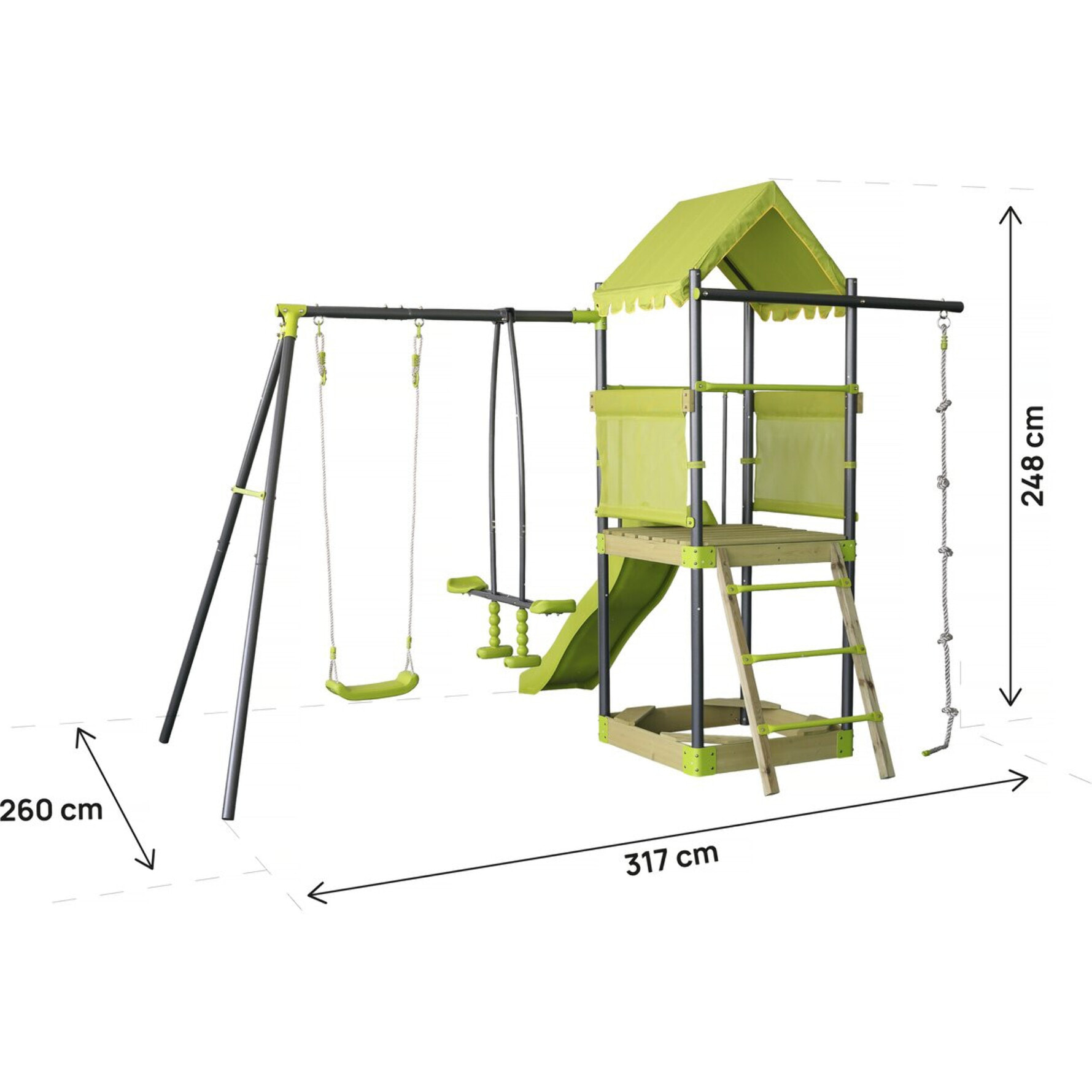 Aire de jeu portique en métal avec toboggan et bac a sable "Sohane"  - Vert
