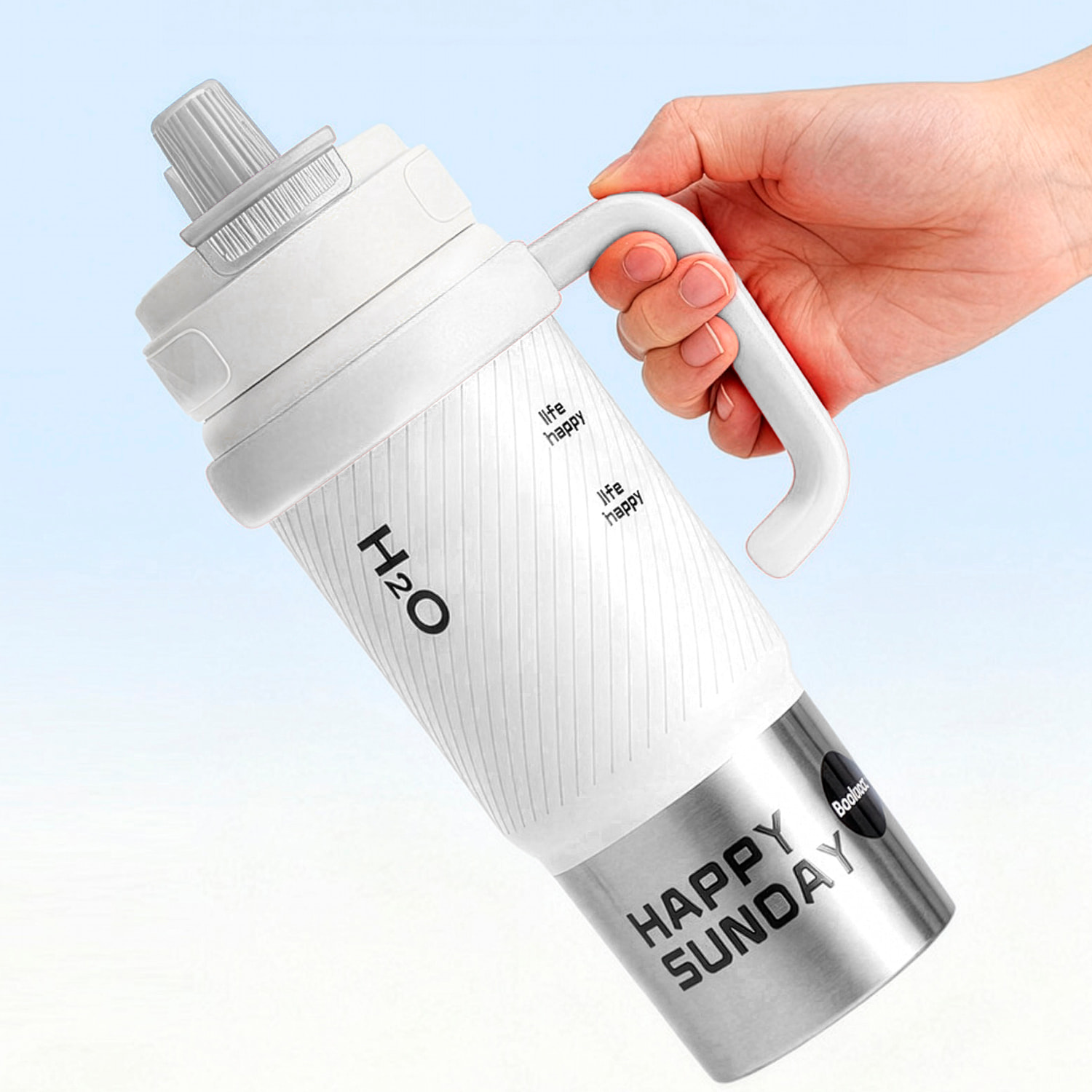 Termo MD-058 de 800 ml con sellado antifugas, filtro colador integrado y pajita incluida. Tapa con doble apertura, asa de transporte e interior de acero inoxidable.
