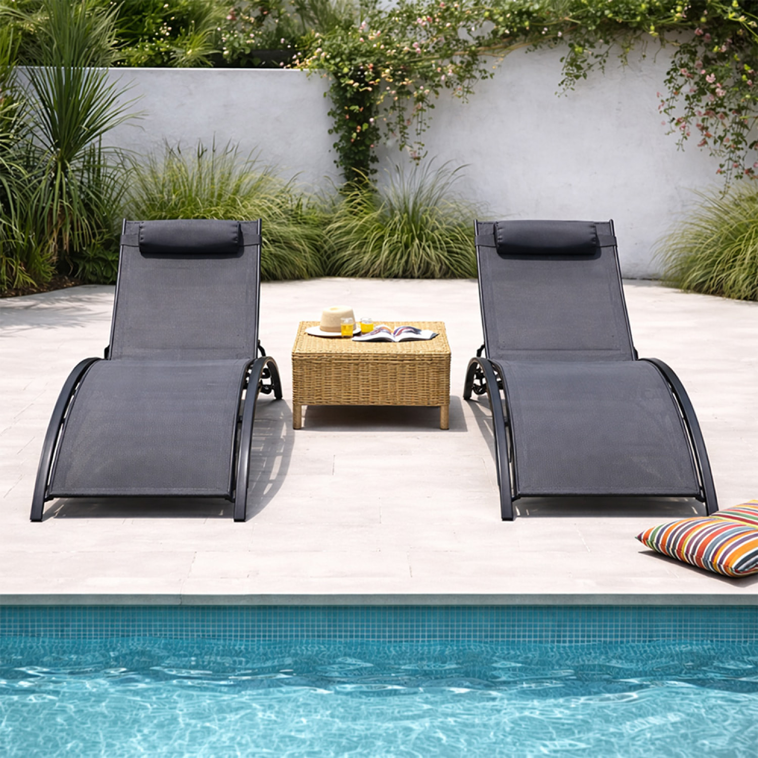 Lot de 2 transats ajustables noir et gris MEDAN