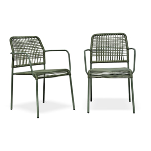 MARCEAU - Lot composé de 2 fauteuils de jardin en corde et acier vert olive