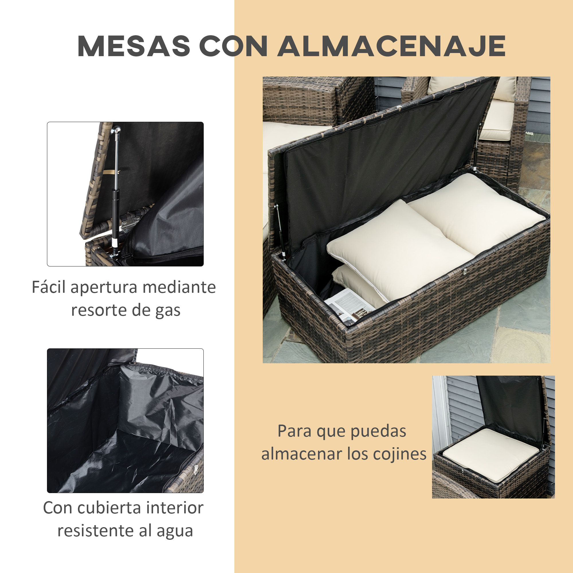 Conjunto de Muebles Jardín de Ratán 6 Piezas con Espacio de Almacenaje y Cojines