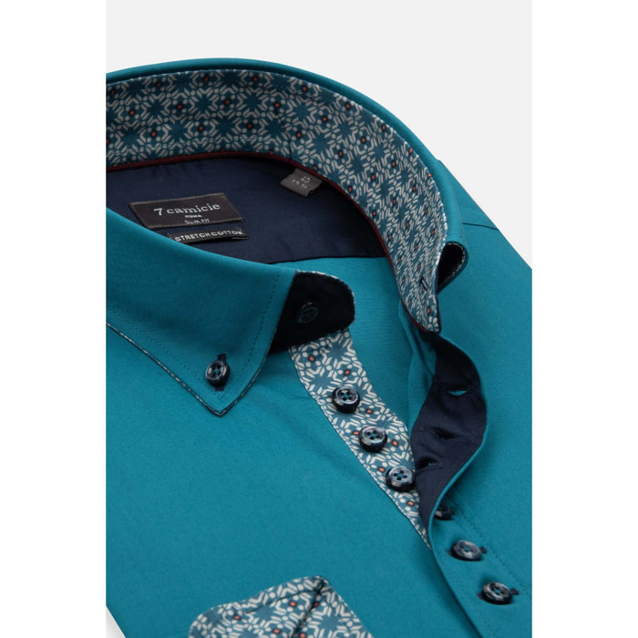 Camicia Uomo 1 Bottoni Button Down Slim Popeline Stretch Unito Verde Ottanio