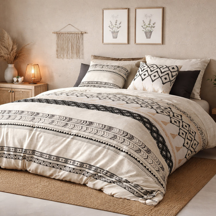 Parure housse de couette imprimé 100% coton - boheme - beige