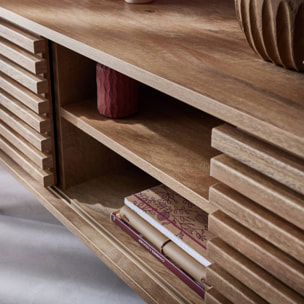 Meuble TV scandinave décor bois rainuré 2 portes 120cm MADERE