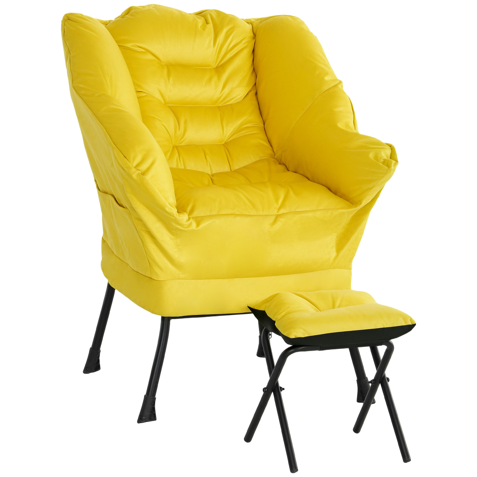 Sillón de Salón con Otomana Sillón de Relax Sillón para Lectura con Bolsillos Laterales y Patas de Acero para Sala de Estar Dormitorio Amarillo