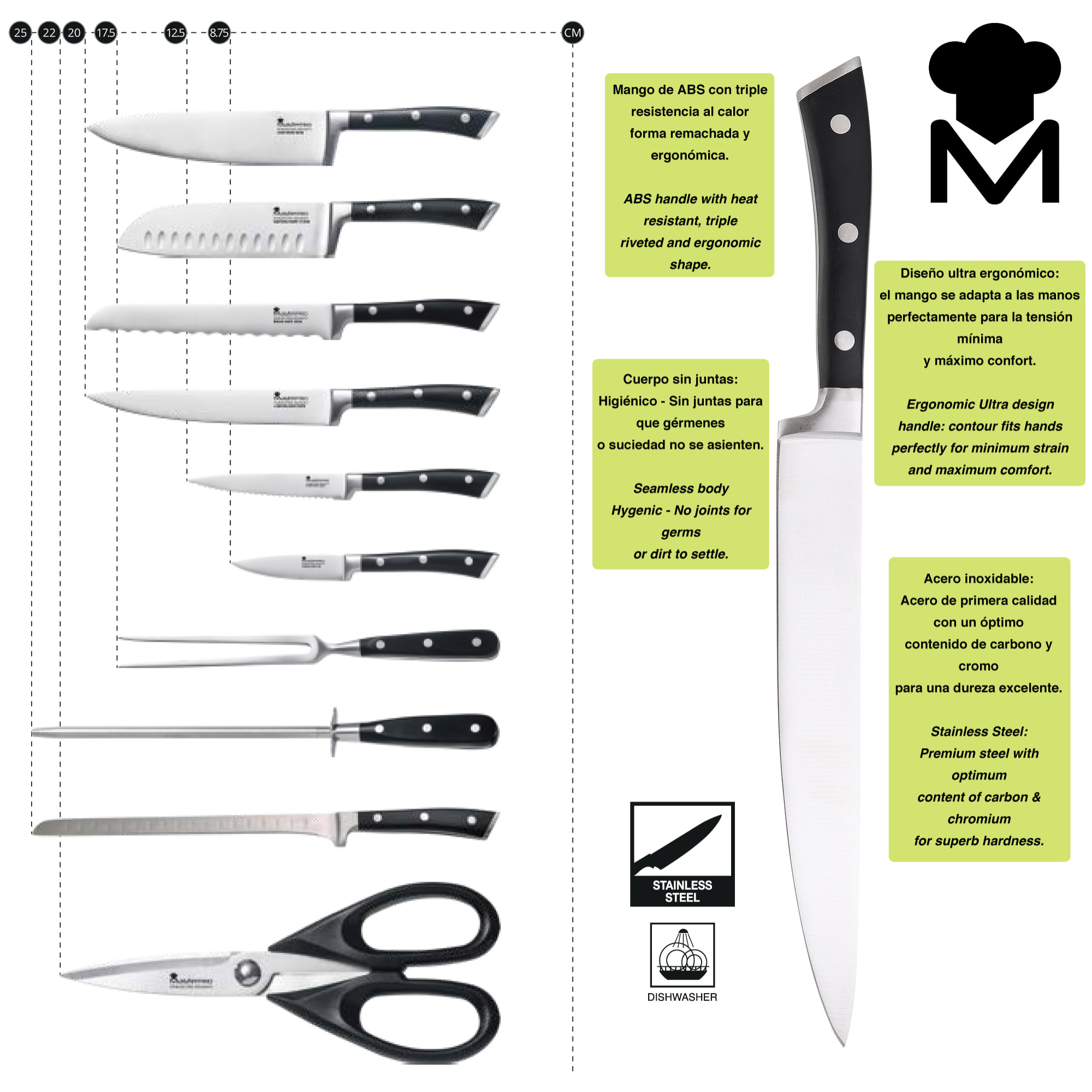 Set 3 cuchillos de cocina en acero inoxidable bergner colección foodies