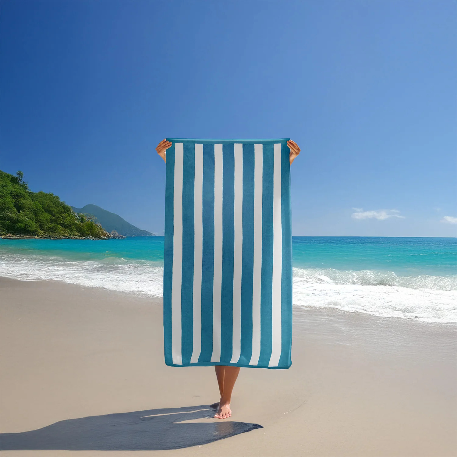 Serviette de plage éponge velours Jacquard - Bahia Bleu Canard - 100x175cm - 470g/m²