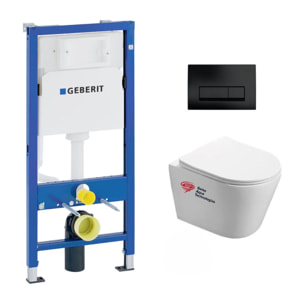 Pack WC Bati-support Geberit + WC Swiss Aqua Technologies Infinitio sans bride + plaque Delta 50 noir mat