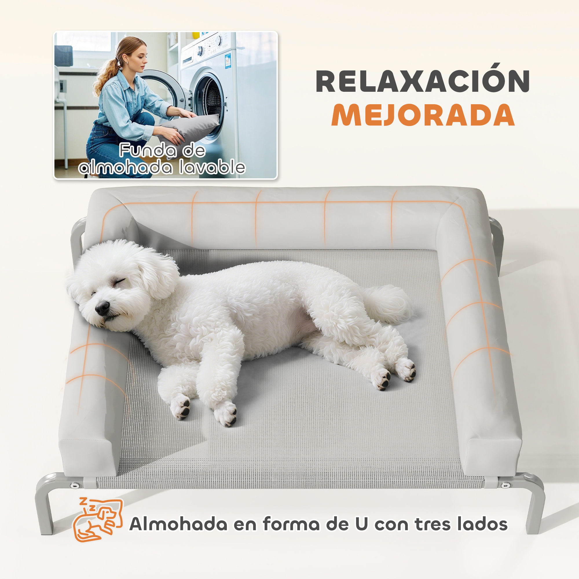 Cama Elevada para Perros Refrescante con Refuerzos Extraíbles Cama Elevada para Perros Pequeños Portátil con Malla Transpirable Marco de Acero para Interior Exterior 90x65x30 cm Gris Claro