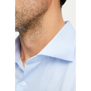 Camicia Uomo 1 Bottone Francese Slim Cotone Riga Stretta Celeste/Bianco