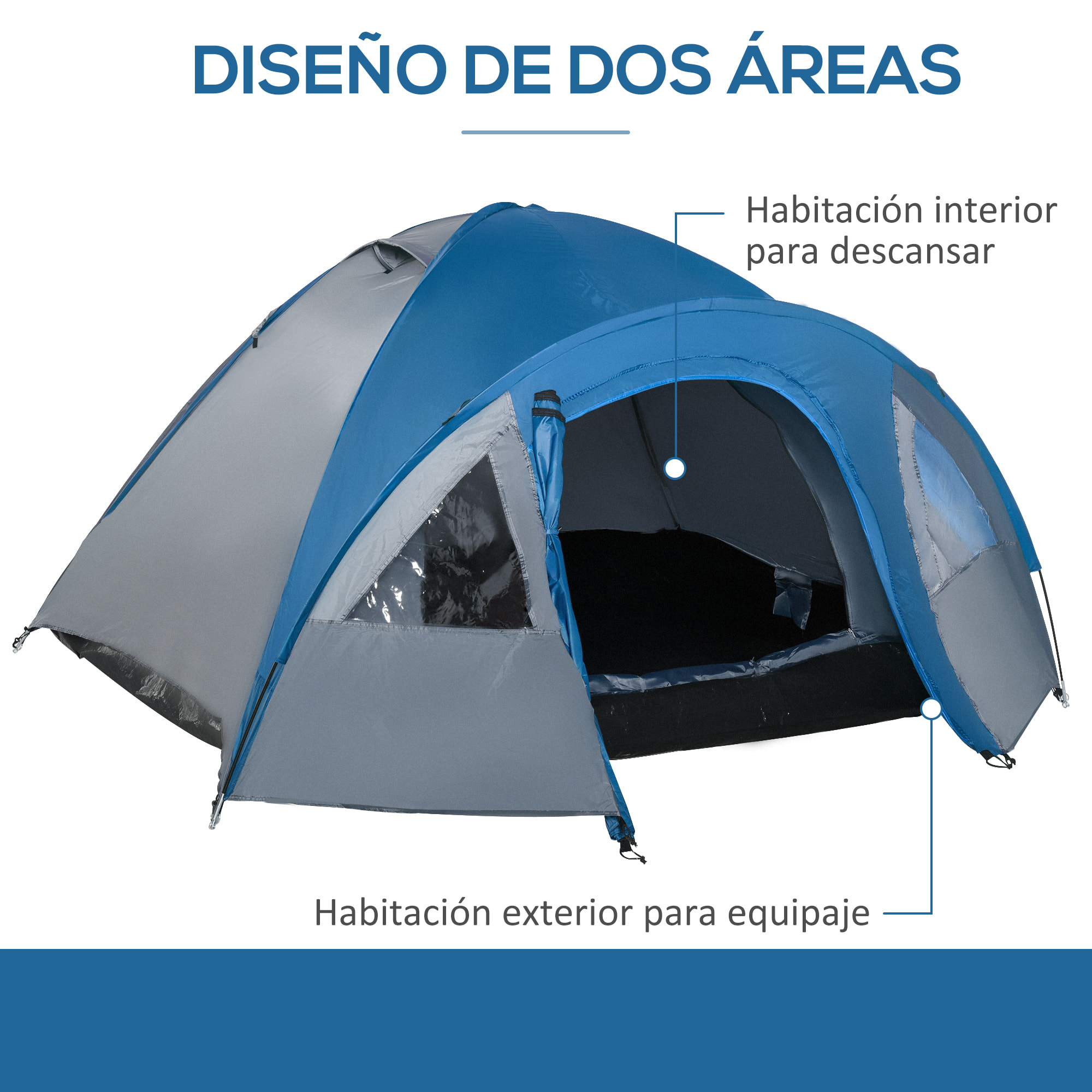 Tienda de Campaña para 3-4 Personas Tienda de Camping Doble Capa con Ventanas 2 Bolsillos y Bolsa de Transporte 250x300x130 cm Gris y Azul