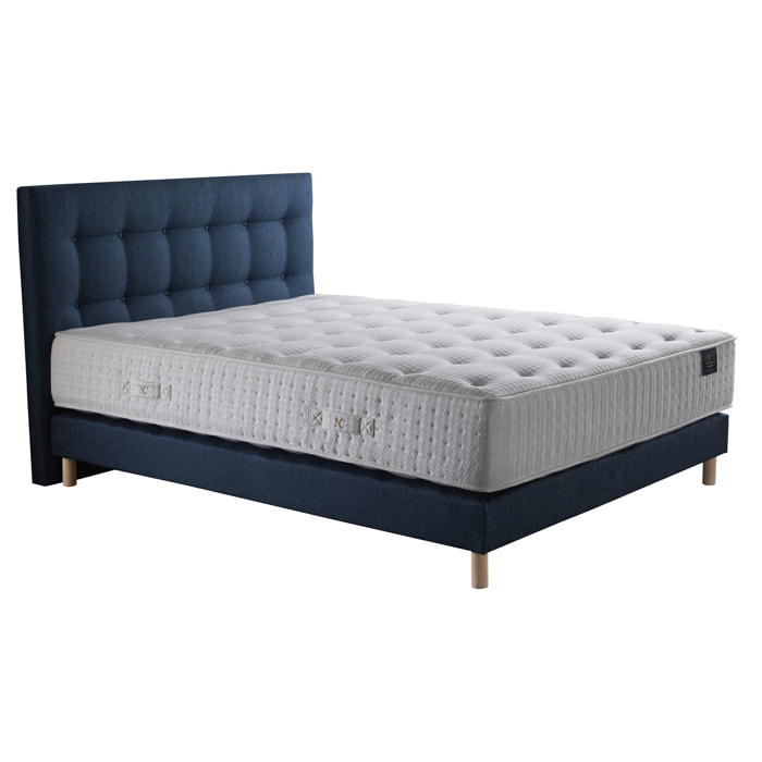 Ensemble Séléné + tête de lit capitonnée - Matelas ressorts ensachés Accueil latex - Sommier Bleu Marine