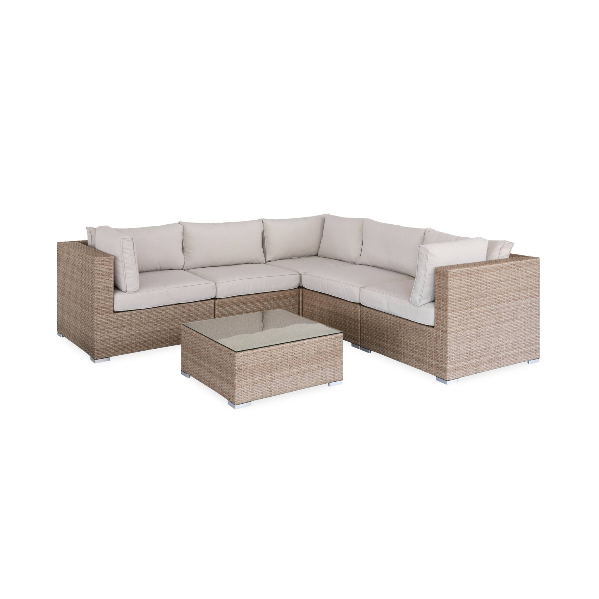 Salon de jardin en résine tressée - Napoli - Beige. Coussins Beige - 5 places - 2 fauteuils sans accoudoir. 3 fauteuils d'angle. une table basse